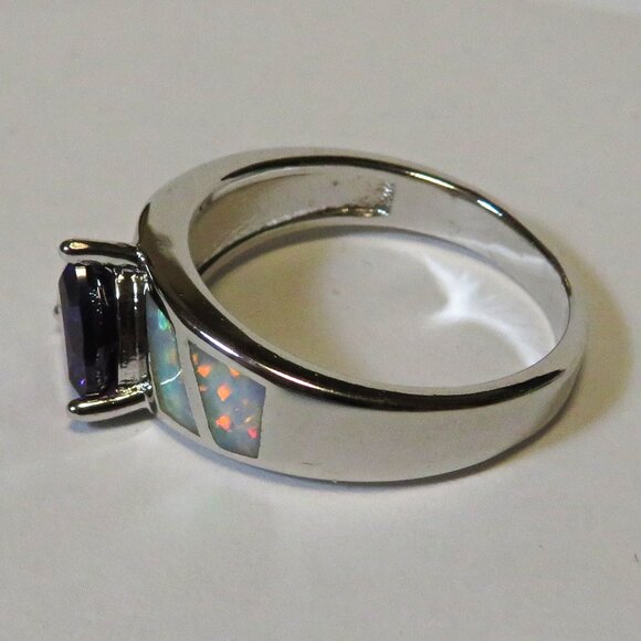 Silver Ring Size 10 White Lab Fire Opal Inlay 6mm * 6mm Amethyst New Old Stock - Picture 4 of 10
